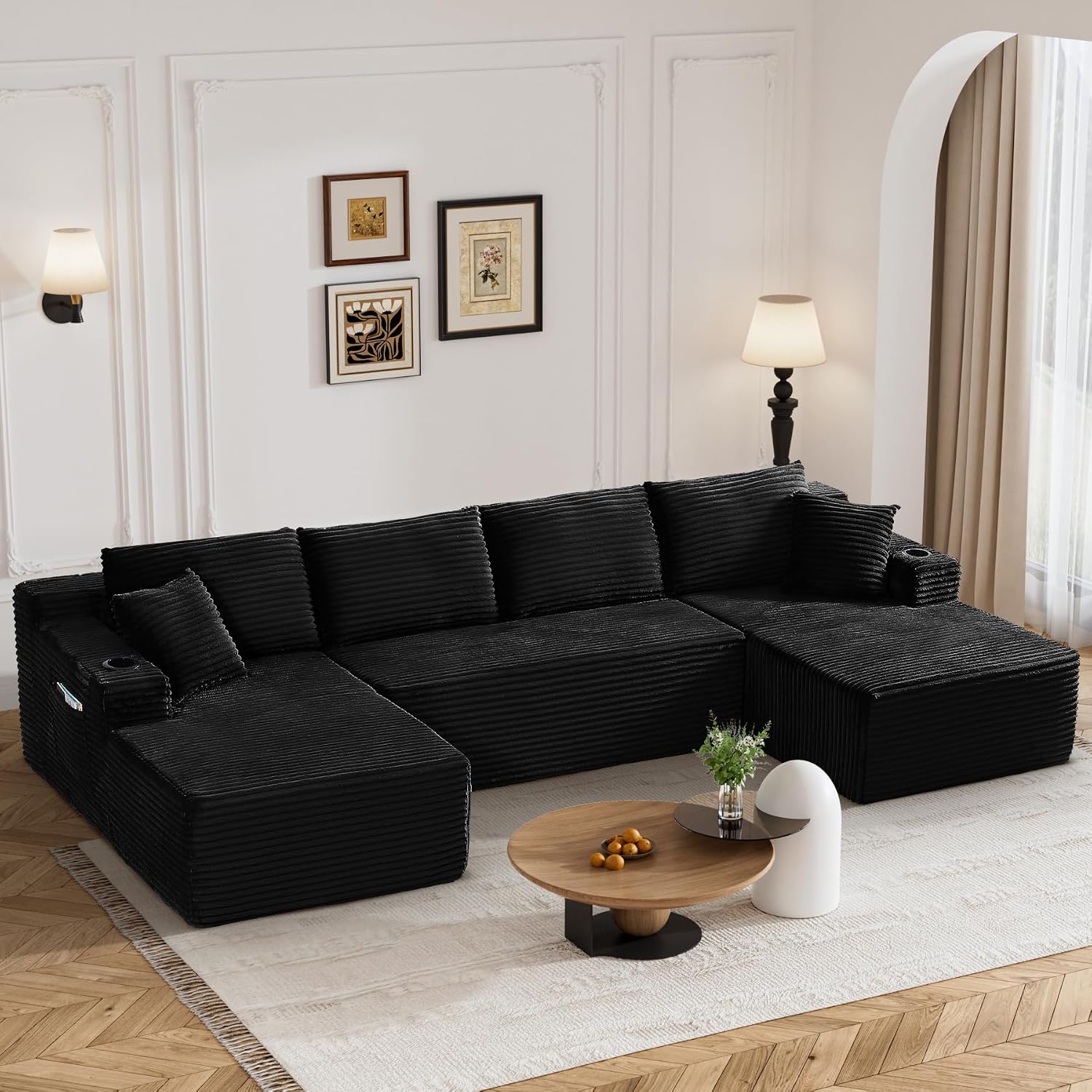 133" U-Shaped Modular Sectional Sofa, Corduroy Couch, Black | Cloud Luxury Comfort, Couches for Living Room, Storage & Cupholder, Oversized Sofa, Deep Seat, No Assembly Required