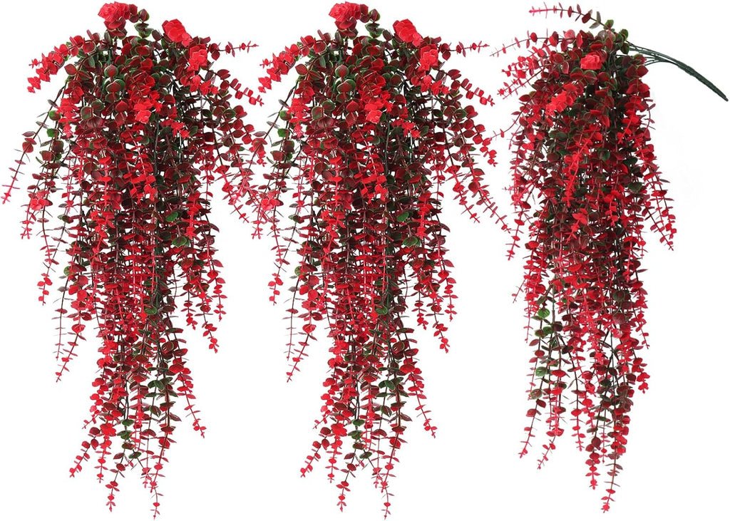 Hanging Artificial Plants Fake Vine Hanging Eucalyptus Leaf Plant Artificial UV Resistant Hanging Green Plant Faux Plants Hanging Wall Decor Outdoor Front Door Yard Garden Porch Decorations(Red)
