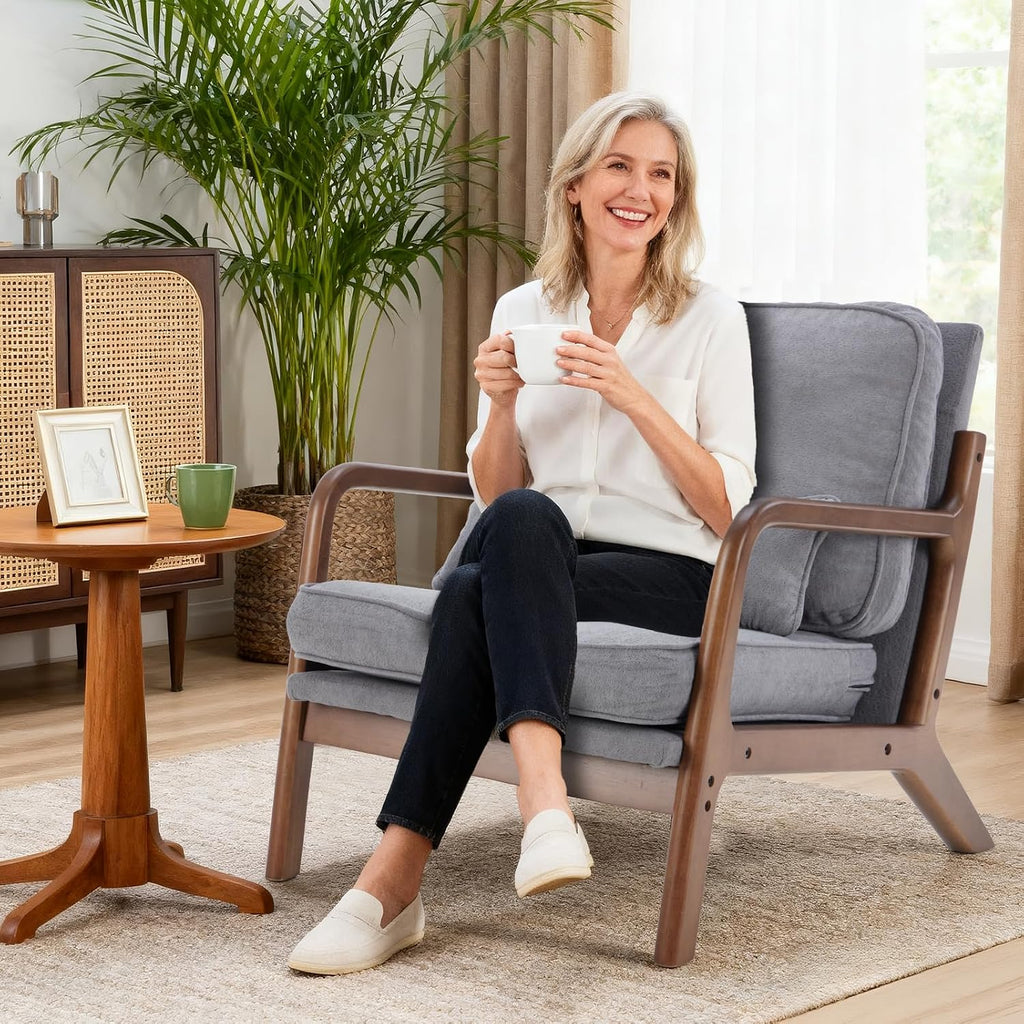 DUMOS Mid Century Modern Chairs Set of 2, Accent Chair with Arms and Waist Cushion, Reading Chairs for Adults, Lounge Chair for Living Room and Bedroom, Solid Wooden Frame, Light Grey