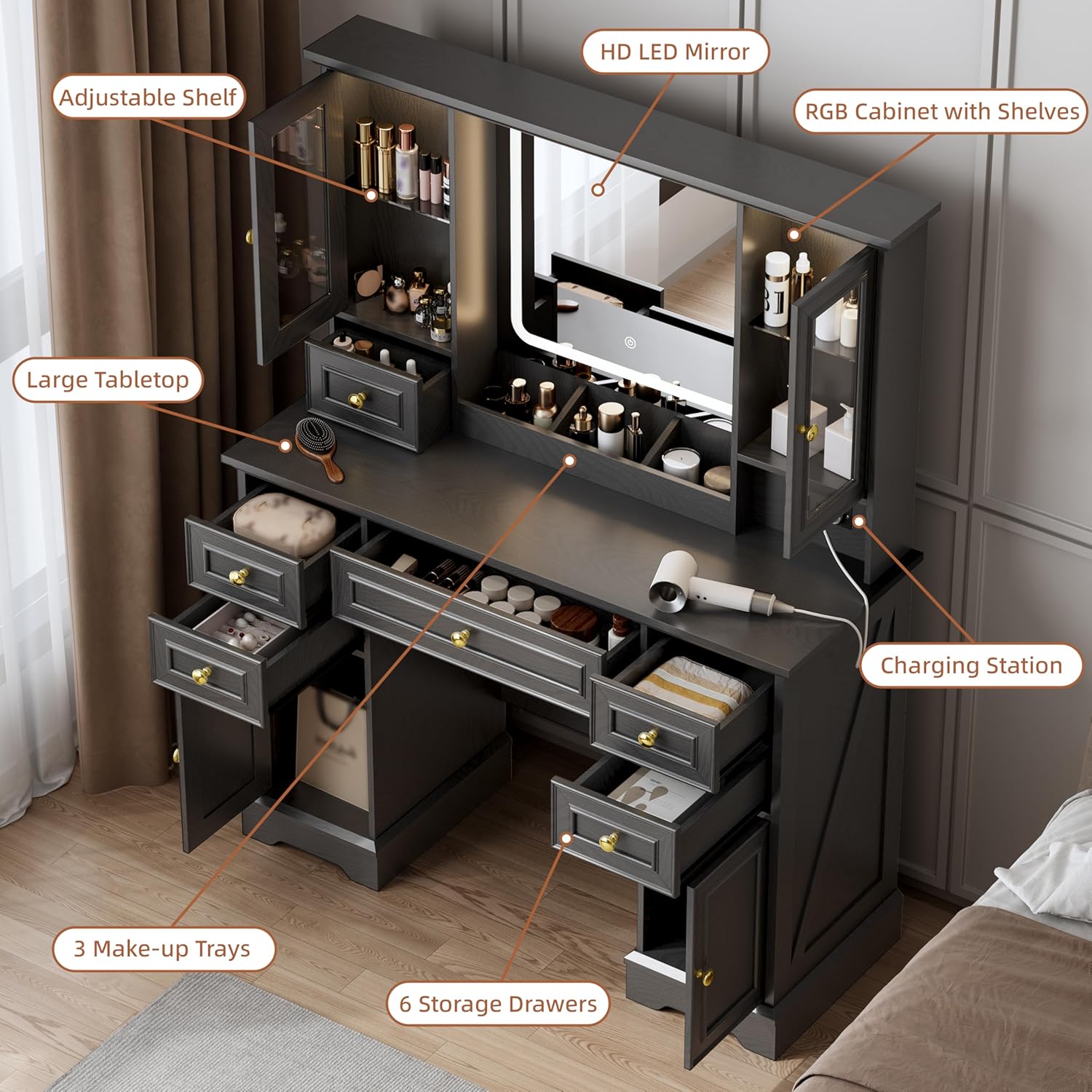 Vanity Desk with Mirror & Lights, Makeup Vanity with Power Outlet & USB Ports, Farmhouse Dressing Table, 6 Drawers & 4 Storage Cabinets, RGB Cabinet Lighting, 3-Color Dimmable Mirror