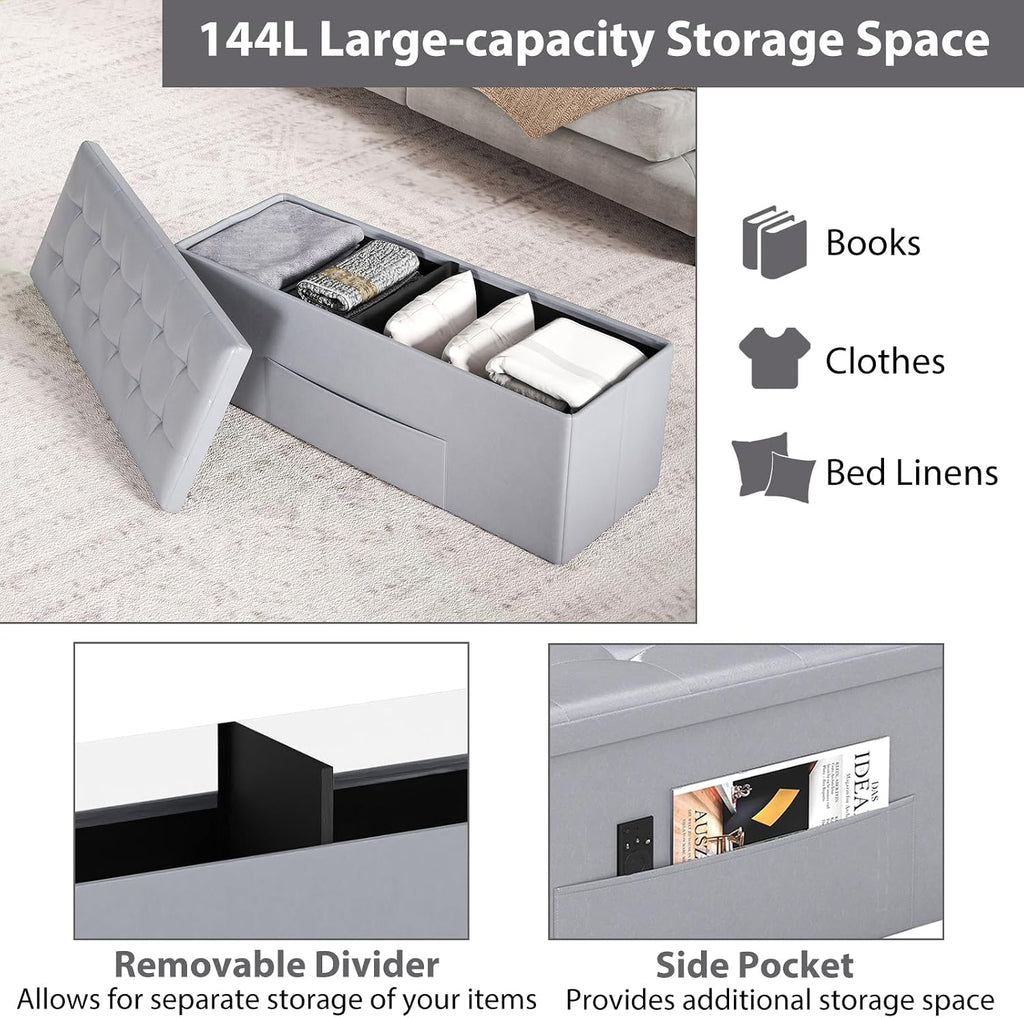 Giantex 43 Inches Folding Storage Ottoman Bench, Upholstered PU Leather Storage Chest with Side Pocket, Padded Seat, End of Bed Bench, Collapsible Ottoman Foot Rest for Living Room, Bedroom & Entryway