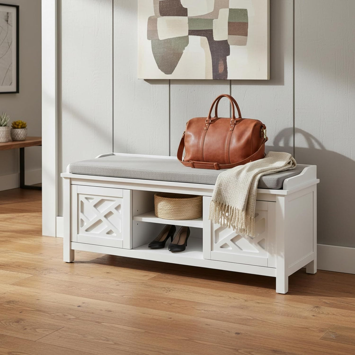 Coventry Modern Entryway Bench with Cushion – 45-Inch Storage Bench with 3 Cubbies, Adjustable Shelves & Decorative Side Panels for Mudroom or Hallway Seating by Alaterre Furniture (White)