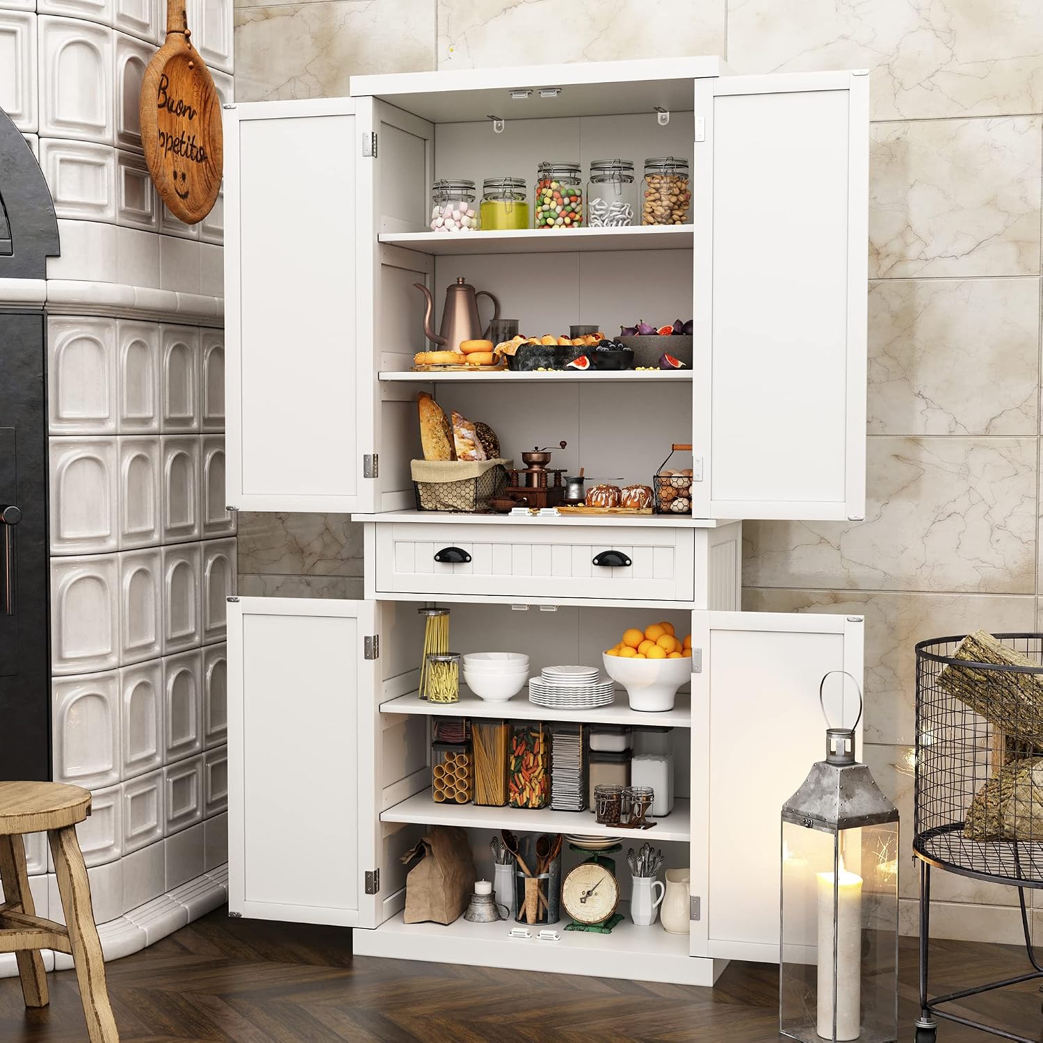 HLR Freestanding Kitchen Pantry Cabinet with Doors and Adjustable Shelves, Storage for Kitchen, Living Room Dining Room, White 30''D x 16''W x 72''H