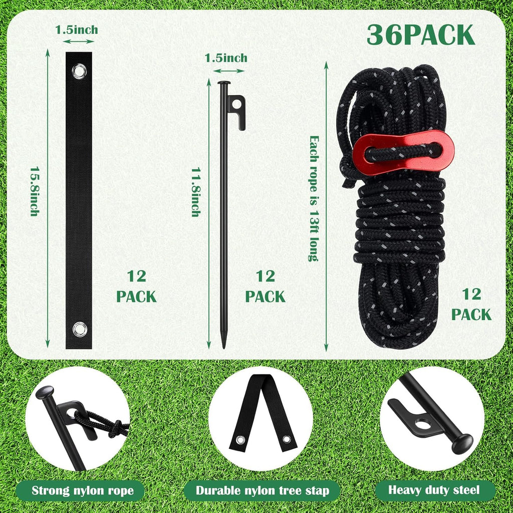 Sintuff 36 Pcs Heavy Duty Tree Stake Kits Stake and Support for Young Leaning Tree Anchor Straightening Kit, 15.8'' Support Straps, 11.8'' Steel Stakes, 13.12ft Rope(Black)
