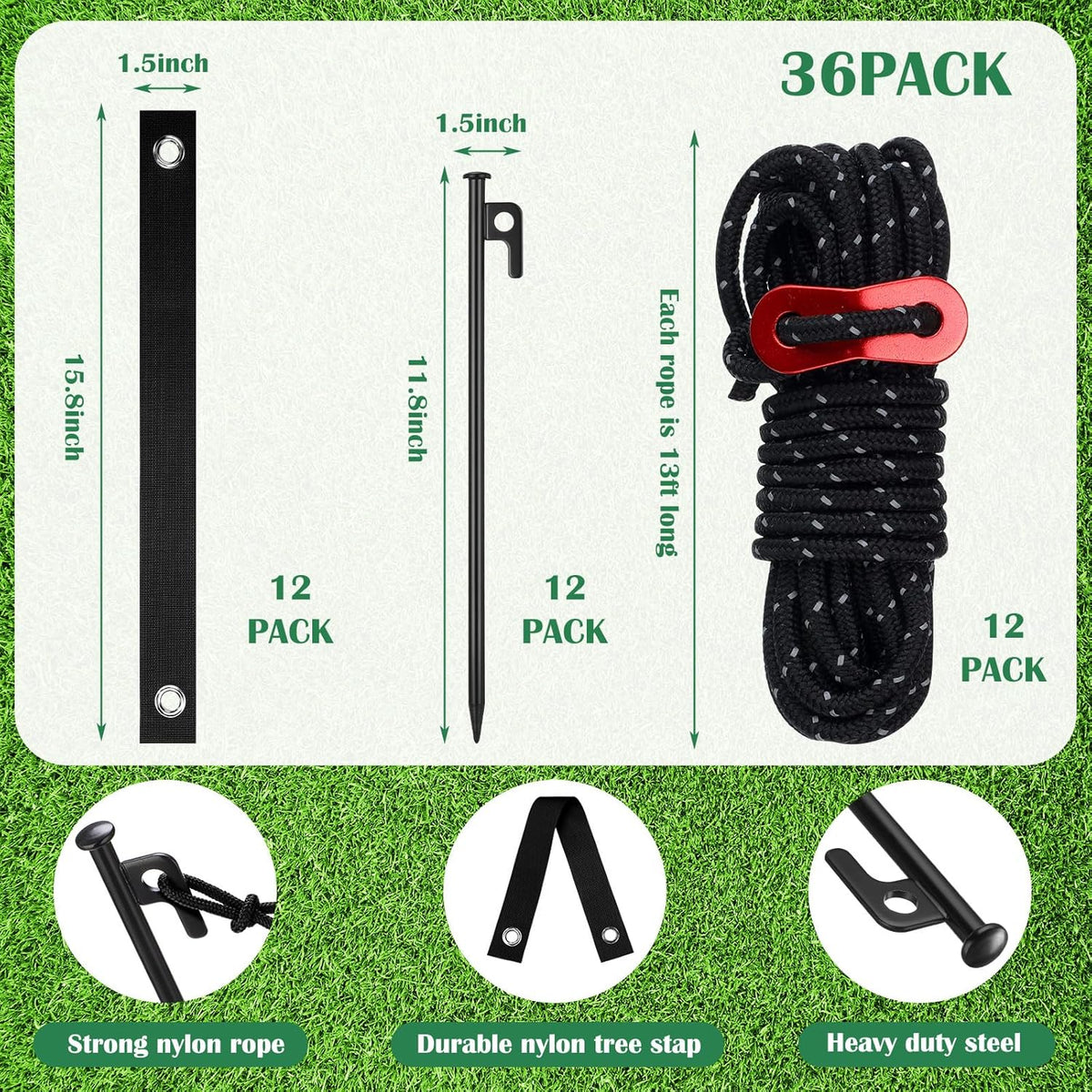 Sintuff 36 Pcs Heavy Duty Tree Stake Kits Stake and Support for Young Leaning Tree Anchor Straightening Kit, 15.8'' Support Straps, 11.8'' Steel Stakes, 13.12ft Rope(Black)