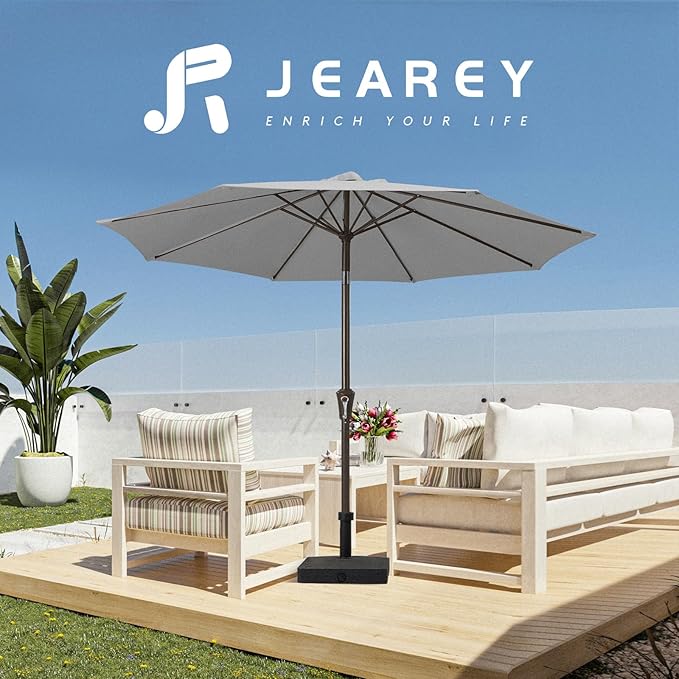JEAREY 10FT Outdoor Patio Umbrella Outdoor Table Umbrella with Push Button Tilt and Crank, Market Umbrella 8 Sturdy Ribs UV Protection Waterproof for Pool, Garden (Light Gray)