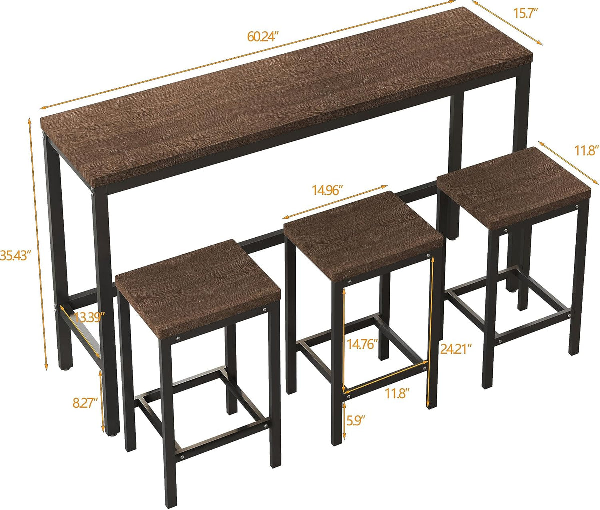 Bar Table and Chairs Set, 60.24” Long Pub Table with 3 Stools, High Top Desk Kitchen Dining Desk, 4-Piece Breakfast Table Set for Living Room Apartment Small Space (Dark Brown)