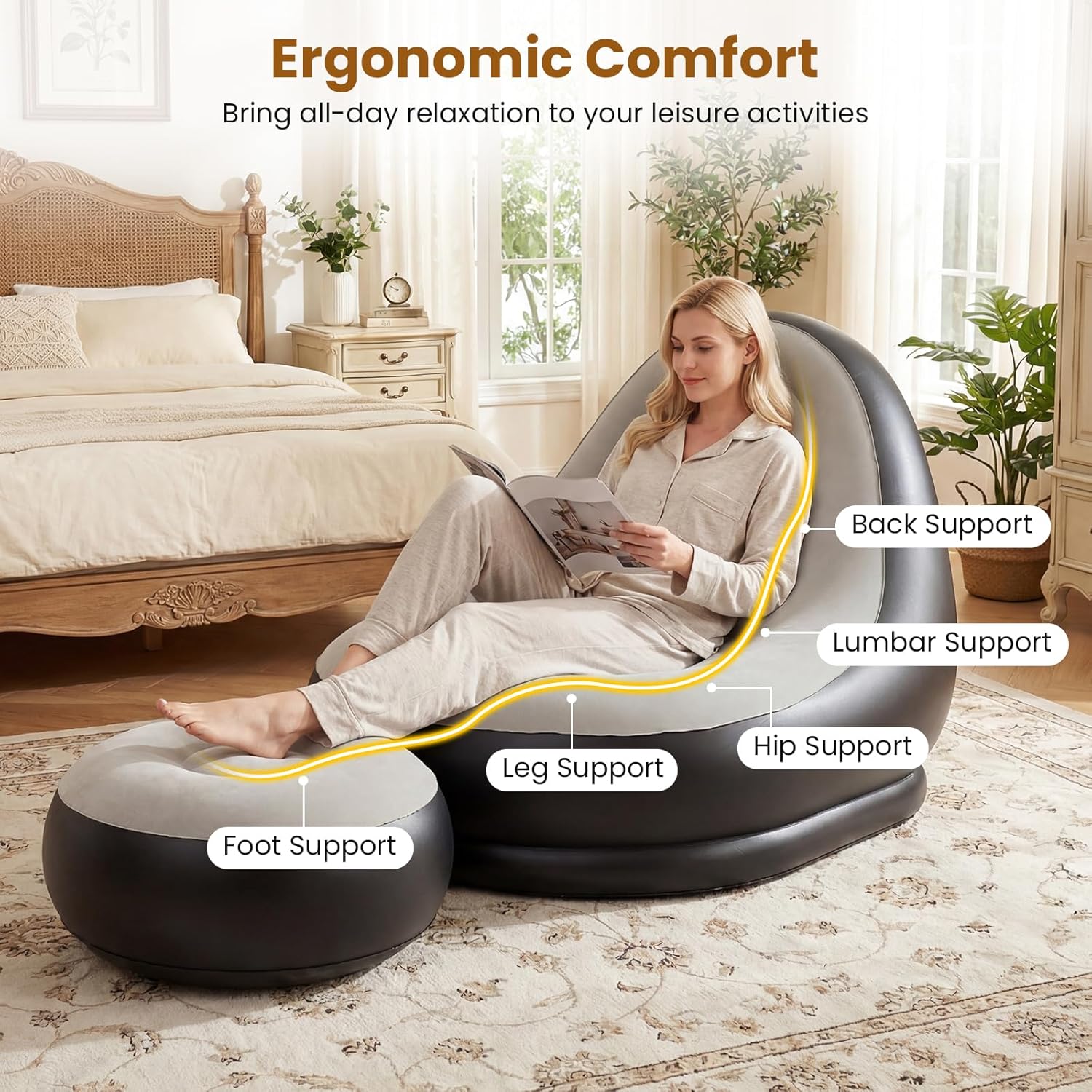 DORTALA Inflatable Chair with Ottoman, Portable Blow Up Single Air Sofa with Footstool, Cup Holder and Repair Patches, Indoor Outdoor Air-Filled Chair for Camping, Gaming