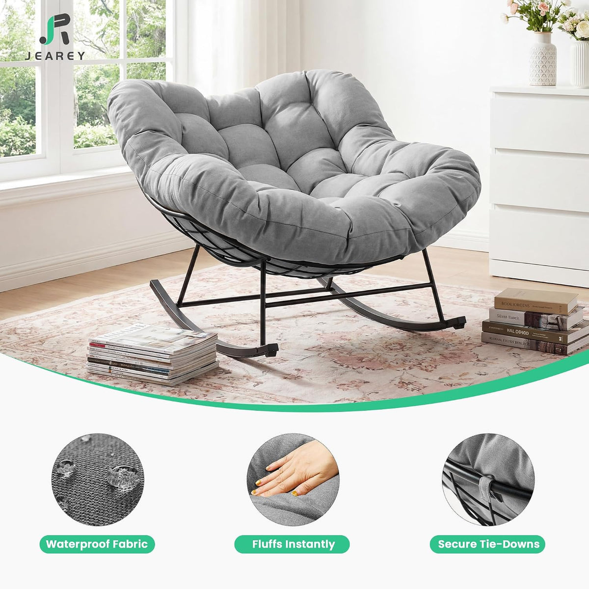 JEAREY Papasan Rocking Chair, Outdoor Oversized Egg Chair, Grey | Oversized papasan rocking chair with thick cushion and smooth rocker base for porch, patio, bedroom, living room