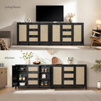 SICOTAS Rattan Large Sideboard Buffet Cabinet with Storage - Farmhouse Boho Coffee Bar Storage Cabinet with 3 Drawers and 2 Doors, Tall Credenza for Living Room, Kitchen, Hallway, Black Oak (2 Pieces)