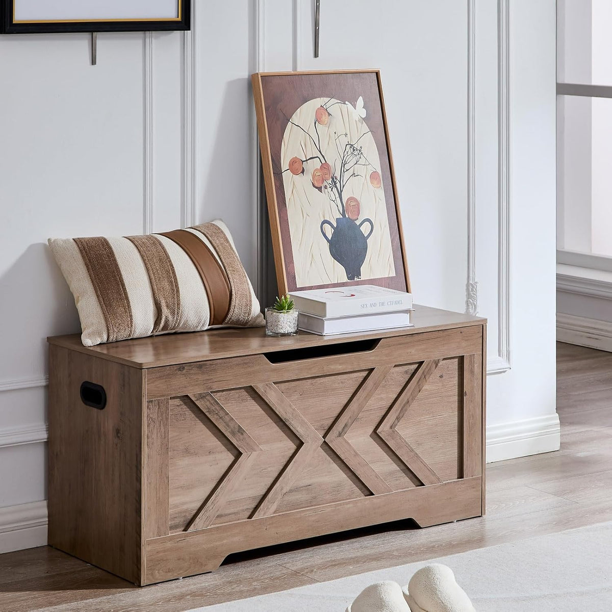 39.4” Storage Bench, Extra Large Entryway Bench with Storage,Storage Chest with 2 Safety Hinges,Blanket Storage,Shoe Storage Chest for Bedroom,Living Room,Easy Assembly. (Greige)