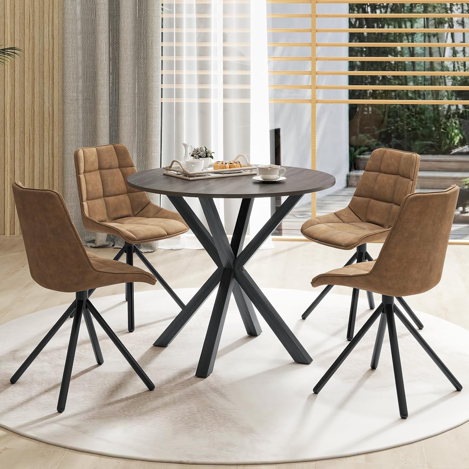 GOFLAME 36” Round Dining Table for 4 People, Wooden Kitchen Table with Intersecting Trestle Legs, Farmhouse Dinner Table for Dining Room, Living Room, Restaurant, Small Space, Dark Grey