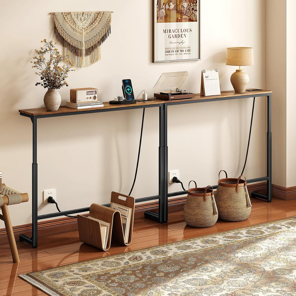 Kitstorack Narrow Sofa Table with Charging Station, 78.8" Behind Couch Table, Adjustable 24.4"-32.7" Height, Modular 2-piece Design for sectionals, entryways, Apartments, and Narrow Living Spaces