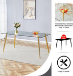 7 Piece Modern Gold Dining Room Set, 63'' Luxury Minimalist Kitchen Table Set, 6 Person Clear Glass Top Rectangle Dinner Set with Pink Woven Dining Chair for Home Large Living Room