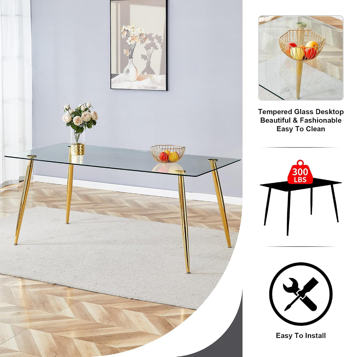 7 Piece Modern Gold Dining Room Set, 63'' Luxury Minimalist Kitchen Table Set, 6 Person Clear Glass Top Rectangle Dinner Set with Pink Woven Dining Chair for Home Large Living Room