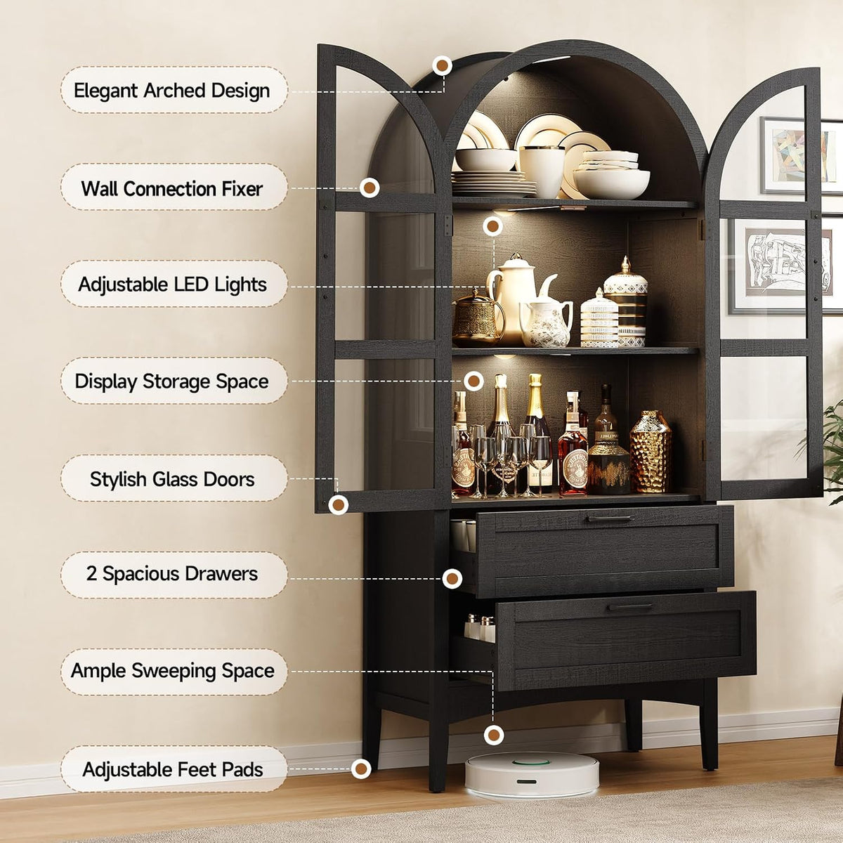 ONBRILL 71" Tall Arched Display Cabinet with LED Lights, Arched Kitchen Pantry with 2 Drawers, Modern Display Storage Cabinets with Adjustable Feet, Pantry Cabinet for Kitchen, Living/Dining Room