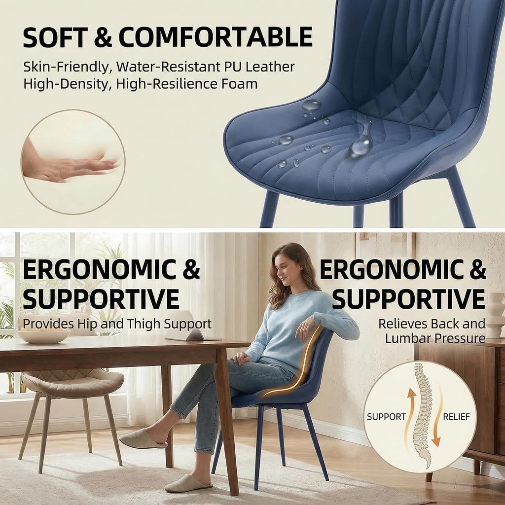 Kidol & Shellder Dining Chairs Set of 2, Mid Century Modern Kitchen Chairs with Metel Legs, PU Leather Upholstered Side Chair for Dining Room, Living Room, Lounge, Restaurant, Navy Blue