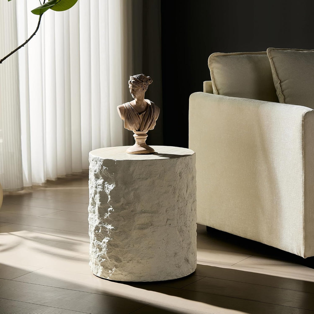 Round Side Table End Table for Living Room, Modern Contemporary Faux Stone Style Fiberglass Material, No Assembly (Beige, ø15.7'' x 17.7'')