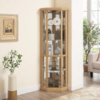 69" H Lighted Corner Display Cabinet, Curio Corner Glass Cabinet w/Adjustable Shelves & Glass Door, 5-Tier Wooden Storage Display Case w/Mirrored Back Pane for Living Room(Light Oak)