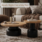 Round Nesting Coffee Table, Reclaimed Wood Top, Circle Texture,Natural | 2-Piece Nesting Table Set with Aged Pine Wood, Carved Ring Texture, Sturdy Pedestal Bases, Round Edges, No Assembly Required