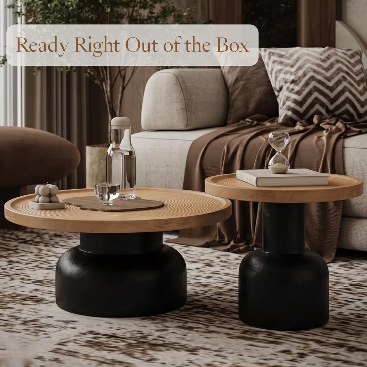 Round Nesting Coffee Table, Reclaimed Wood Top, Circle Texture,Natural | 2-Piece Nesting Table Set with Aged Pine Wood, Carved Ring Texture, Sturdy Pedestal Bases, Round Edges, No Assembly Required