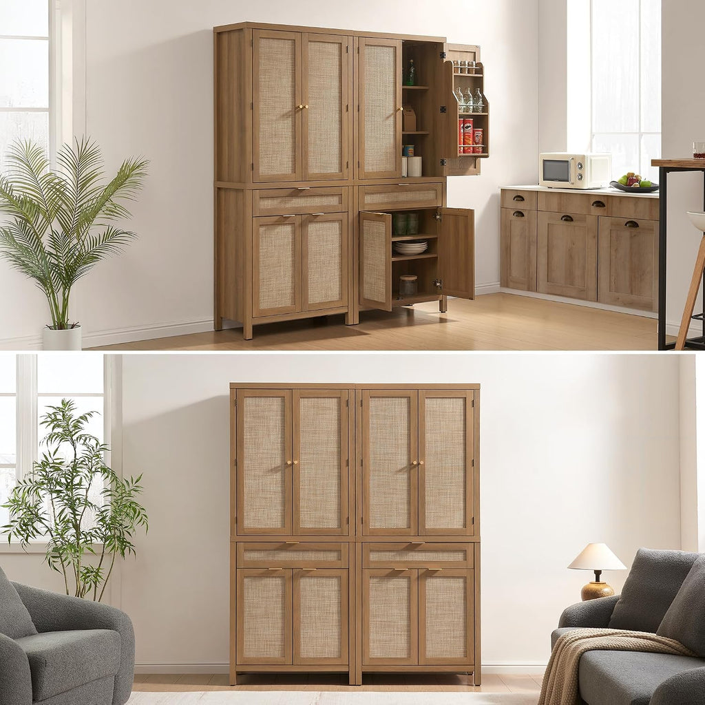 SICOTAS 72 inch Rattan Buffet Cabinet with Drawer, 4 Doors : Pantry Cabinet | 3 Pieces Tall Storage Cabinet, Farmhouse Boho Freestanding Cupboard Pantry with Storage for Living Room, Dining Room
