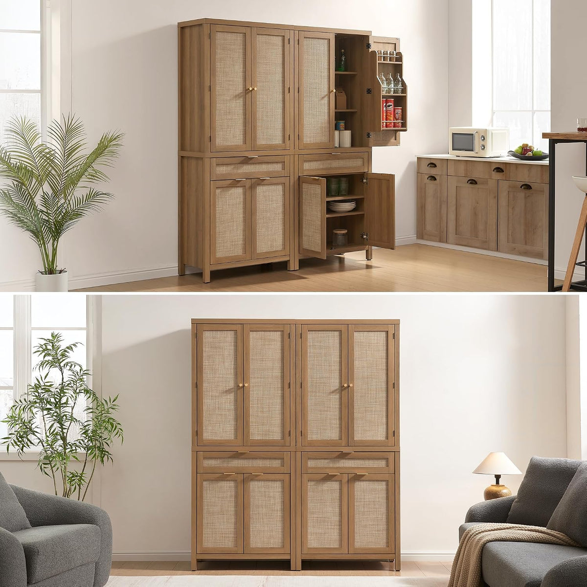 SICOTAS 72 inch Rattan Buffet Cabinet with Drawer, 4 Doors : Pantry Cabinet | 3 Pieces Tall Storage Cabinet, Farmhouse Boho Freestanding Cupboard Pantry with Storage for Living Room, Dining Room