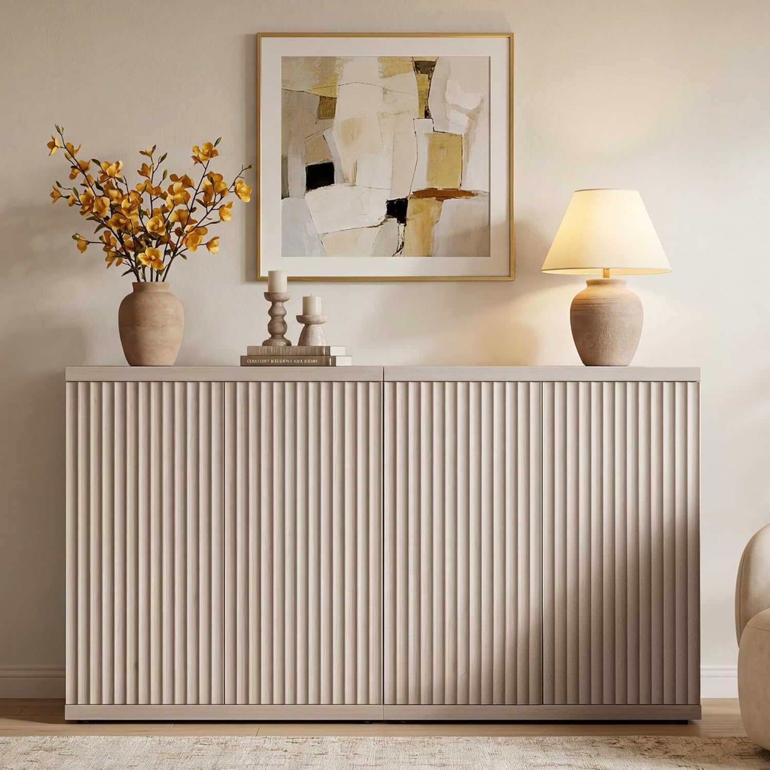 SICOTAS Buffet Cabinet with Storage Accent Sideboard Modern Credenza with Doors & Shelves Fluted Media Console Mid Century Coffee Bar Table for Living Room Kitchen Dining Room Hallway(3PCS)