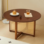 Small Round Coffee Table – 31.5" Solid Wood & Rattan Coffee Table, Modern Rustic Accent Table for Living Room, Boho Style, Walnut