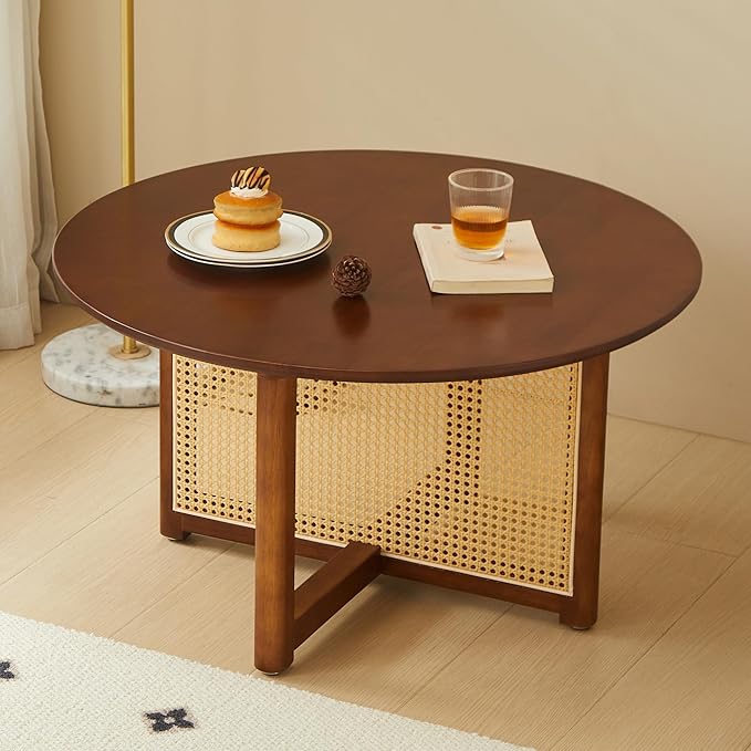 Small Round Coffee Table – 31.5" Solid Wood & Rattan Coffee Table, Modern Rustic Accent Table for Living Room, Boho Style, Walnut
