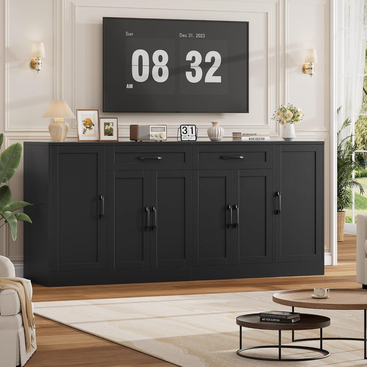 BOTLOG 71” Large Buffet Cabinet with Storage, Sideboard Buffet Cabinet with Adjustable Shelves and 6 Soft-Close Doors, Wood Coffee Bar Console Table for Kitchen, Dining Room, Black