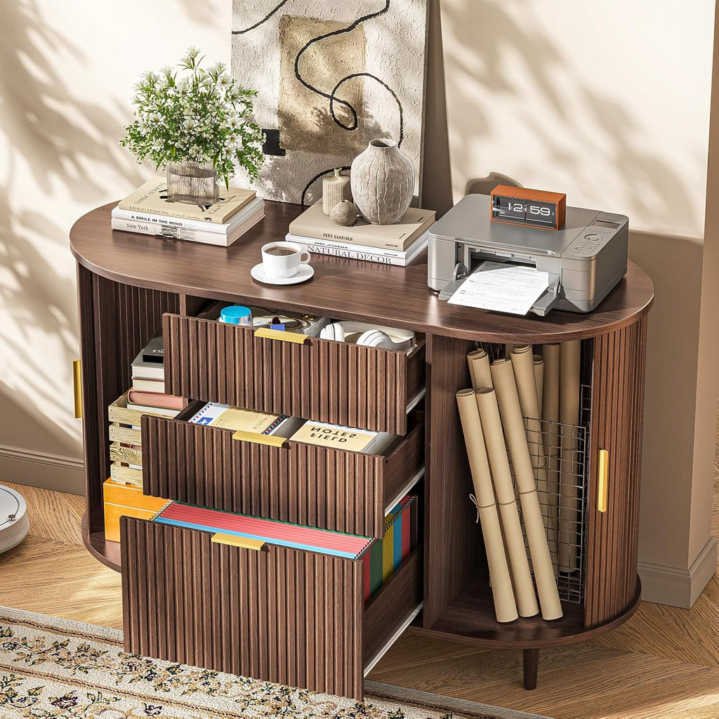 Halitaa 3-Drawer File Cabinet with 2 Sliding Doors, 39.37" Lateral Wood Filing Cabinet for Home Office and School, Printer Stand with Storage for Letter/A4 Hanging Files, Walnut
