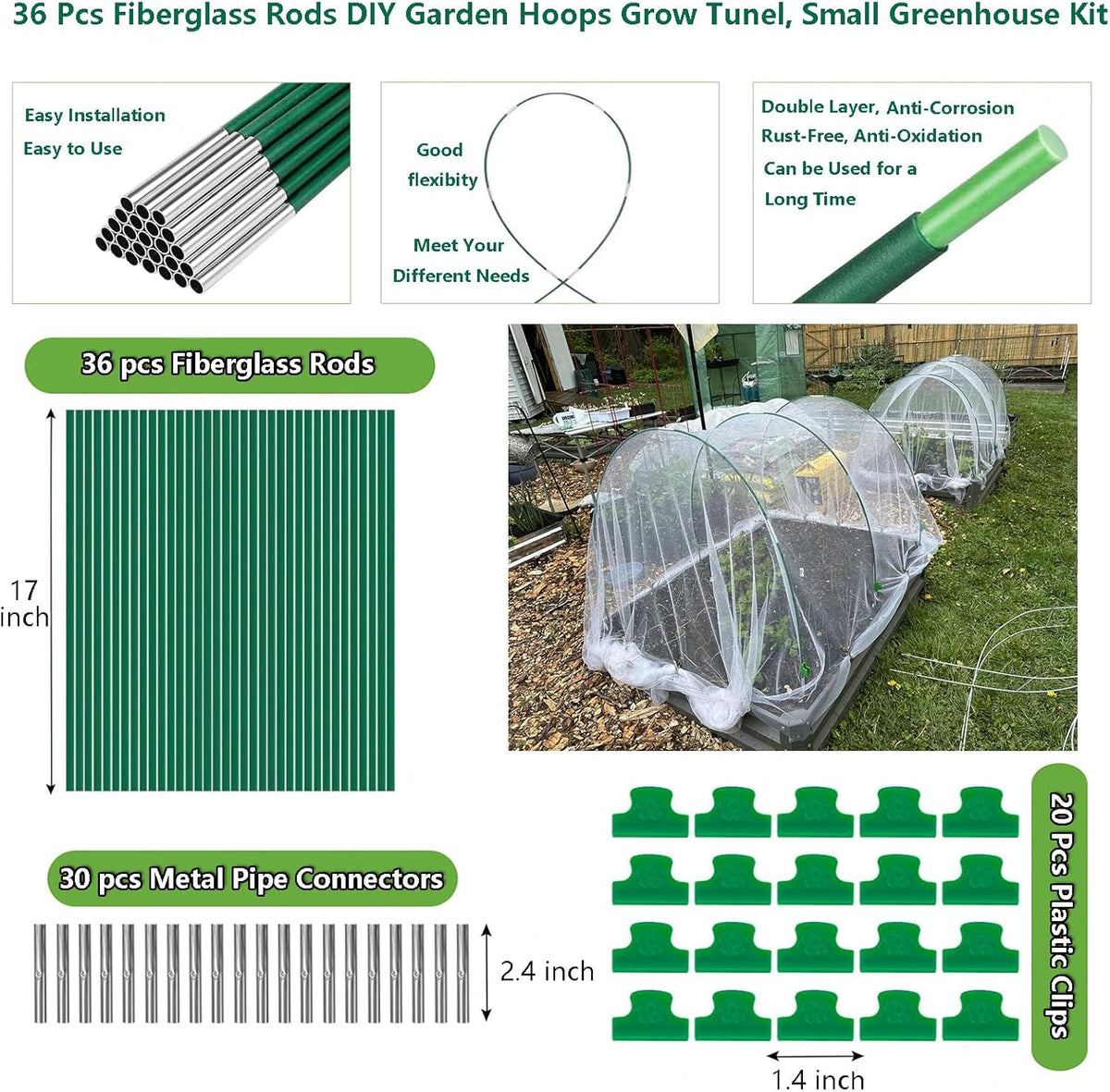 Garden Hoops for Raised Beds, 36pcs Greenhouse Hoops Grow Tunnel, 8ft Rust-Proof Fiberglass Frame for Garden Netting, Row Cover, Protecting Outdoor Plants