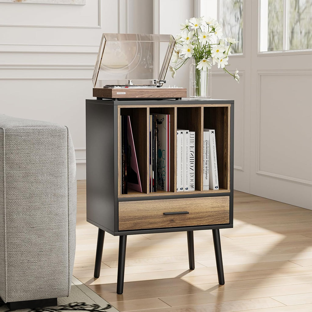 Record Player Stand with Vinyl Record Storage, Turntable Stand with Storage Cabinet Holds up to 180 Albums, Mid-Century Vinyl Holder Storage Shelf for Living Room