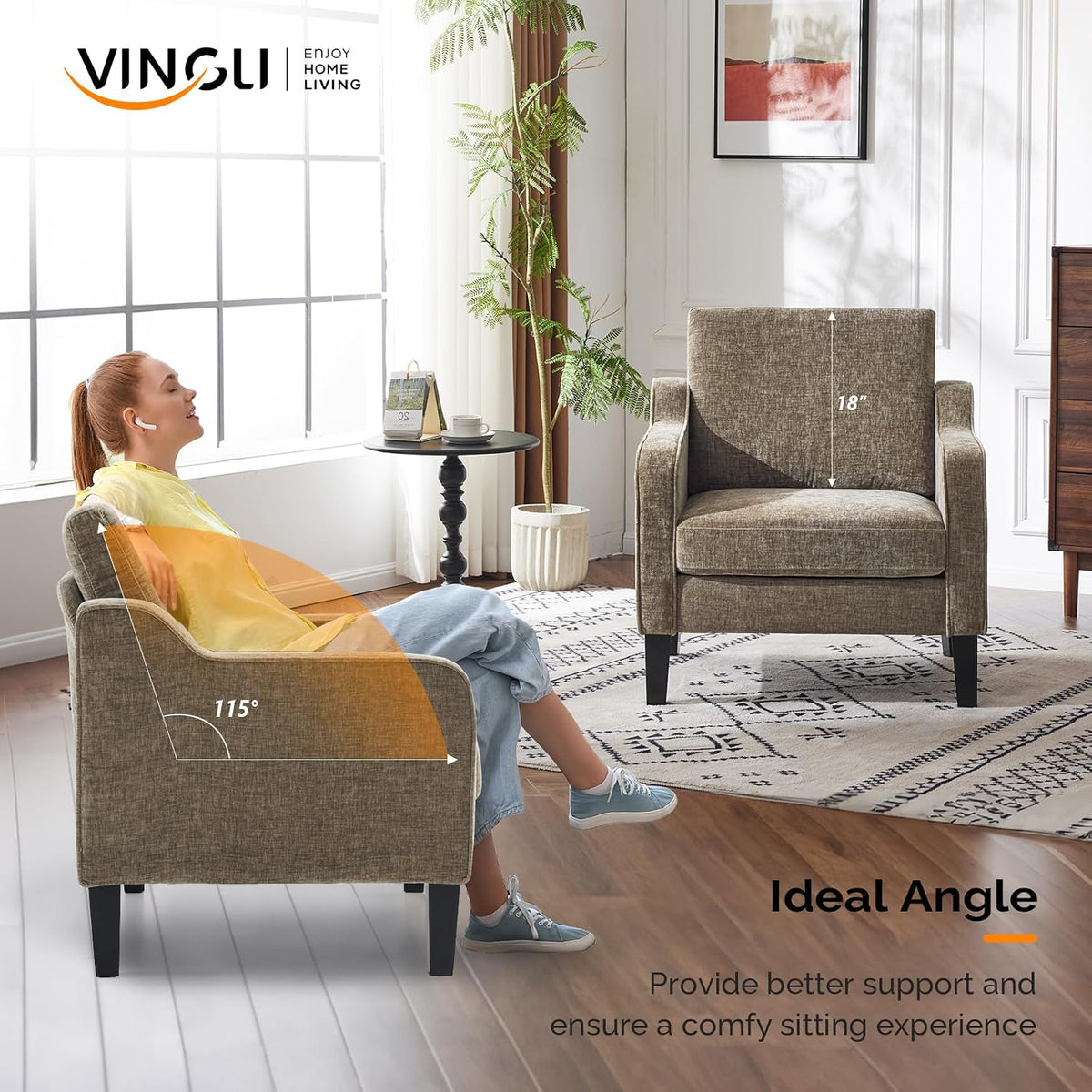 VINGLI Light Brown Accent Chair, Upholstered Armchair for Living Room | Chenille Reading Chair for Bedroom, Modern Traditional Sofa Chair, Comfy Chair for Small Space, Apartment, Waiting Room