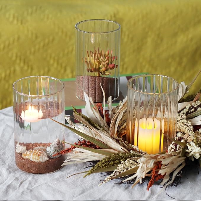 12Pcs Glass Cylinder vases for Centerpieces, 6 Inches Clear Ribbed Bud Vases for Wedding Decorations,Floral Vase Bulk Flower vases,Tall Glass Hurricane Candle Holder for Table Shelf, Party(Ribbed)