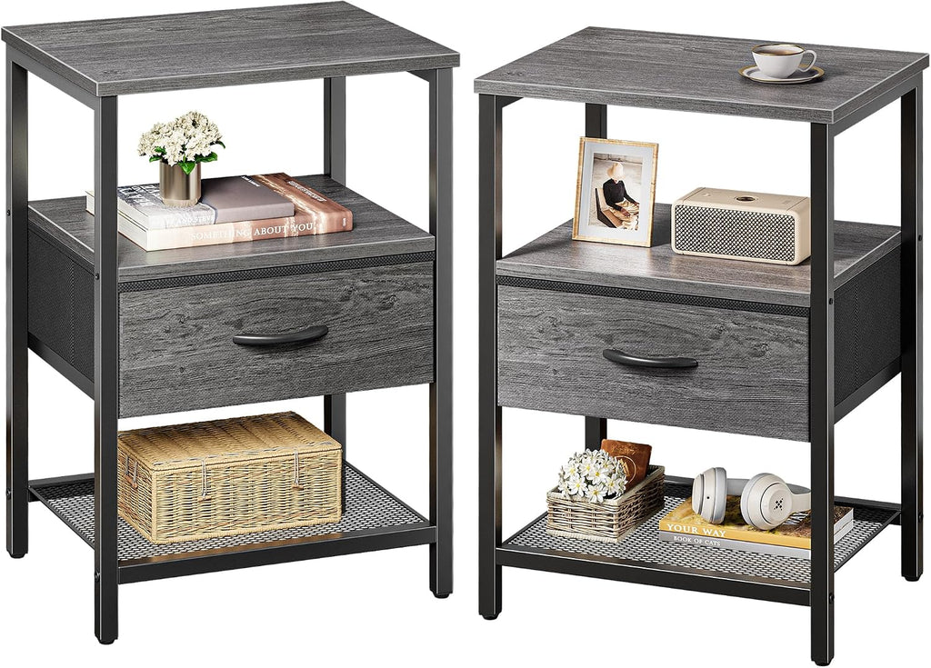 Huuger Nightstand Set of 2, Night Stand with Fabric Drawer, Mesh Shelf, Side Table with Storage, Fabric Drawer Dresser, Open Shelf, Metal Frame, Bedroom, Grey
