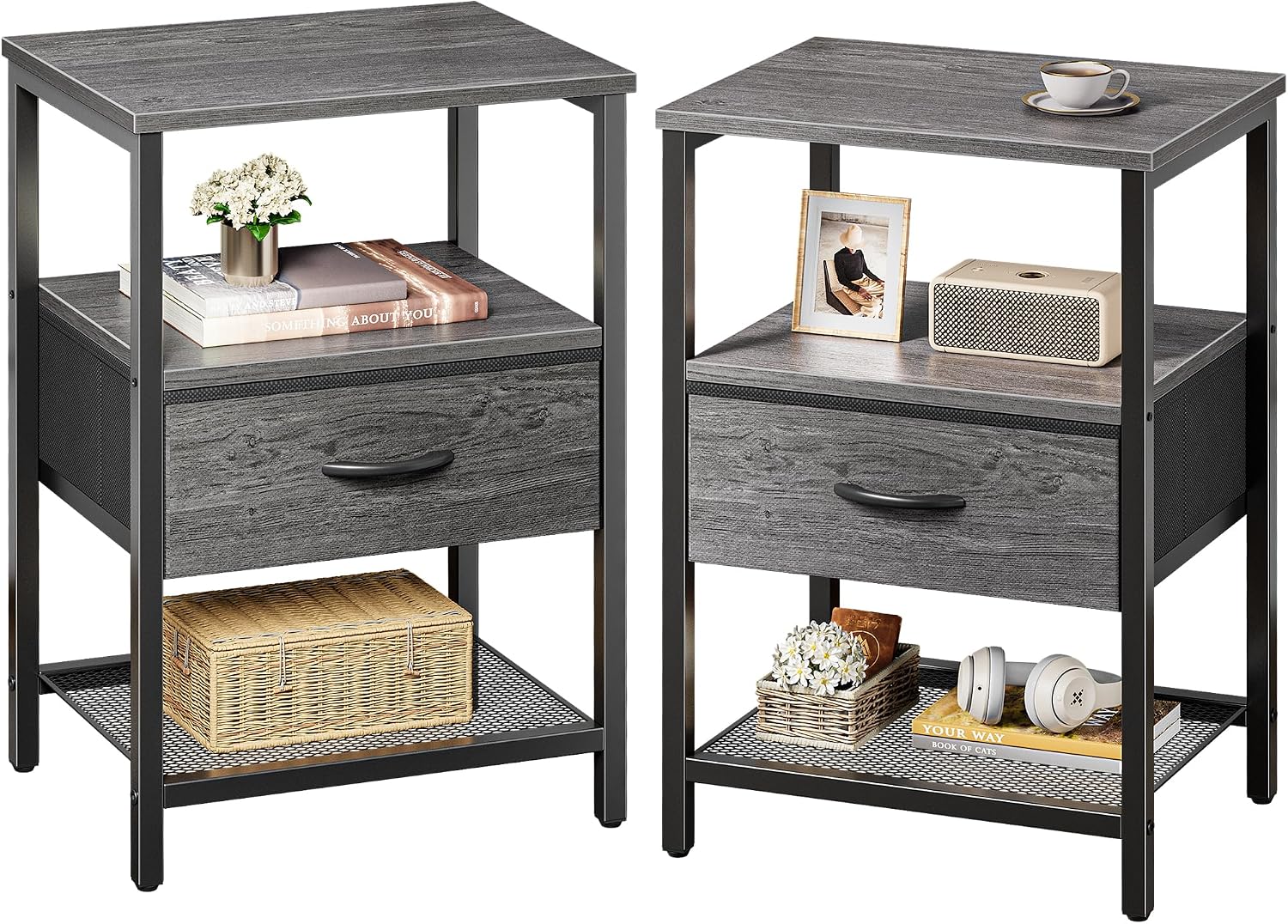 Huuger Nightstand Set of 2, Night Stand with Fabric Drawer, Mesh Shelf, Side Table with Storage, Fabric Drawer Dresser, Open Shelf, Metal Frame, Bedroom, Grey