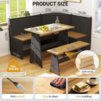 Breakfast Nook Set 3-4 Seat L-Shaped with Hidden Storage - Space Saving Corner Kitchen Dining Table & Bench Set - Farmhouse Family Home Wood Black