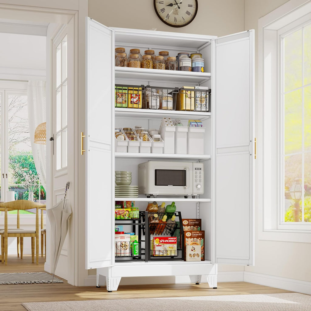 GAIOUS 71" Tall Metal Storage Cabinet with 2 Doors and 4 Adjustable Shelves | Kitchen Pantry Cabinet White Freestanding Cupboard, 5 Tier Multifunctional Steel Storage for Office, Kitchen, Dining Room