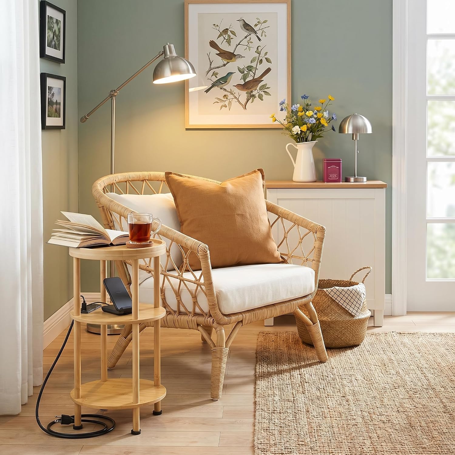 3-Tier Bamboo Round Side Table with Charging Station, Small Round Bamboo End Table with USB Ports & Power Outlets - Corner Table Sofa End Table for Living Room, Bedroom (with Outlet, Natural)