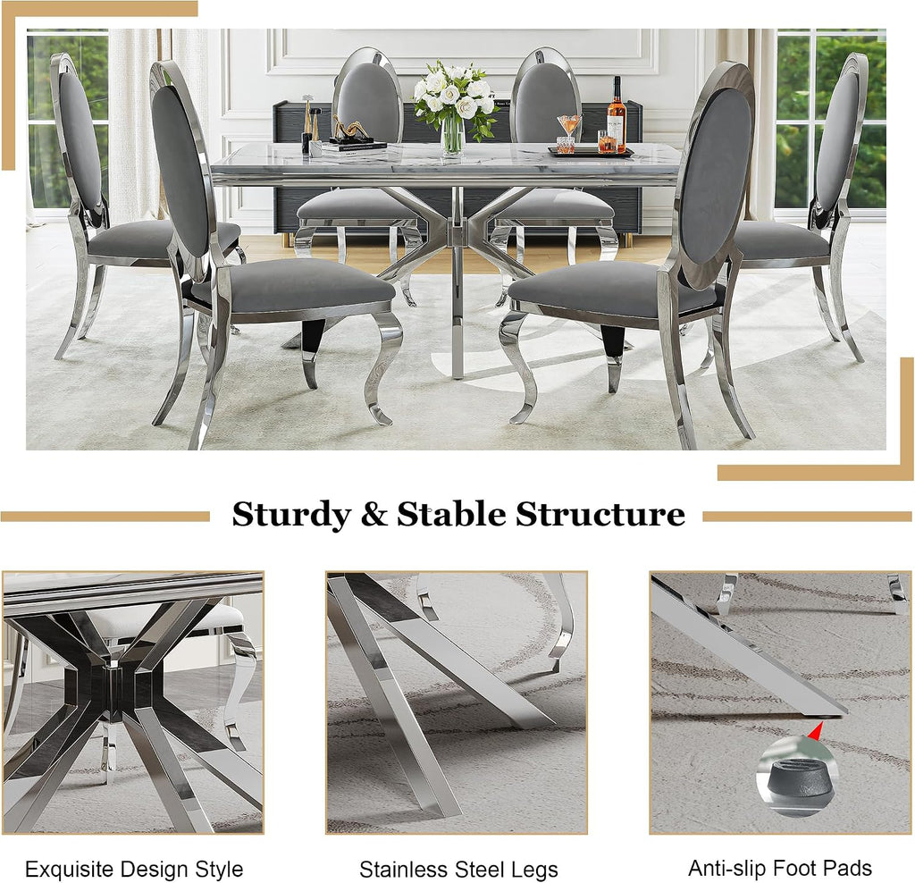 Luxury 7-Piece Dining Room Set, 70 Inch Silver Large Kitchen Table with Oval Velvet Chair, for 4-6 People, Living Room, Kitchen, Home (White Top + 6 Grey Chairs)