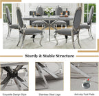 Luxury 7-Piece Dining Room Set, 70 Inch Silver Large Kitchen Table with Oval Velvet Chair, for 4-6 People, Living Room, Kitchen, Home (White Top + 6 Grey Chairs)