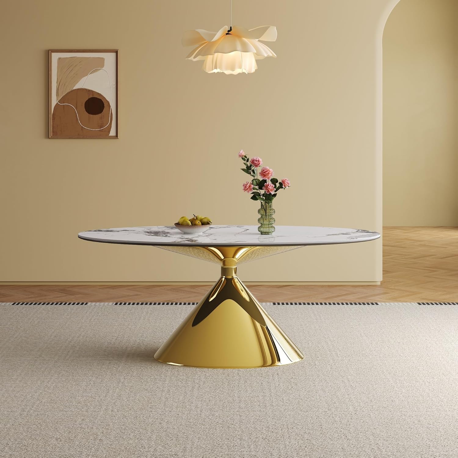 71" Oval Marble Dining Table with Gold Stainless Steel Base,Oval Kitchen Table for 4-6 People,Elegant Contemporary Dining Table