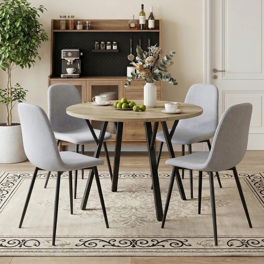 Round Dining Table Set for 4, Rustic 36" Circle Kitchen Table and 4 Gray Linen-Cotton Dining Chairs, Solid Metal Frame, Space Saving Wood Small Kitchen & Dining Room Furniture
