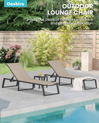 Aluminum Chaise Lounge Chair Outdoor, Foldable& No Assembly Patio Pool Lounge Chairs 5-Position Recliner for Outside, Fully Grounded Legs Sun Lounger for Poolside, Khaki, 2 Pack