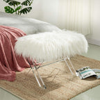 Glitzhome Ottoman Bench, White Faux Fur Ottoman Foot Rest, 25.5" L Modern Vanity Stool Chair with Acrylic Legs for Living Room Bedroom Entryway Makeup Bench End of Bed