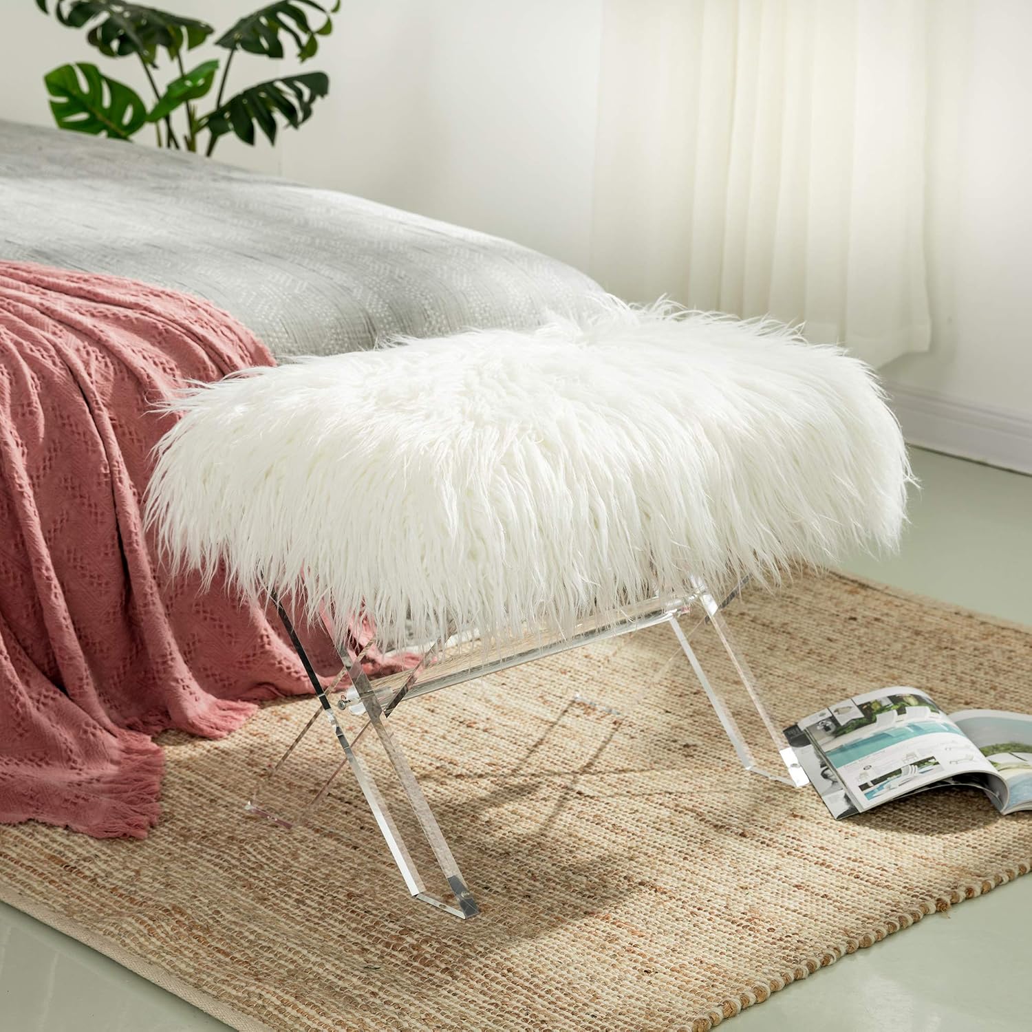 Glitzhome Ottoman Bench, White Faux Fur Ottoman Foot Rest, 25.5" L Modern Vanity Stool Chair with Acrylic Legs for Living Room Bedroom Entryway Makeup Bench End of Bed