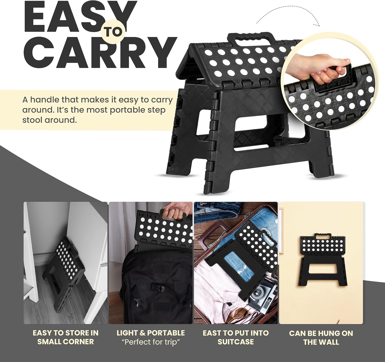 Utopia Home Folding Step Stool 9 Inch, Anti-Slip, 300 lbs, Black | 9-inch foldable step stool with anti-slip surface, built-in handle, and 300 lbs strong plastic support for safe home use.