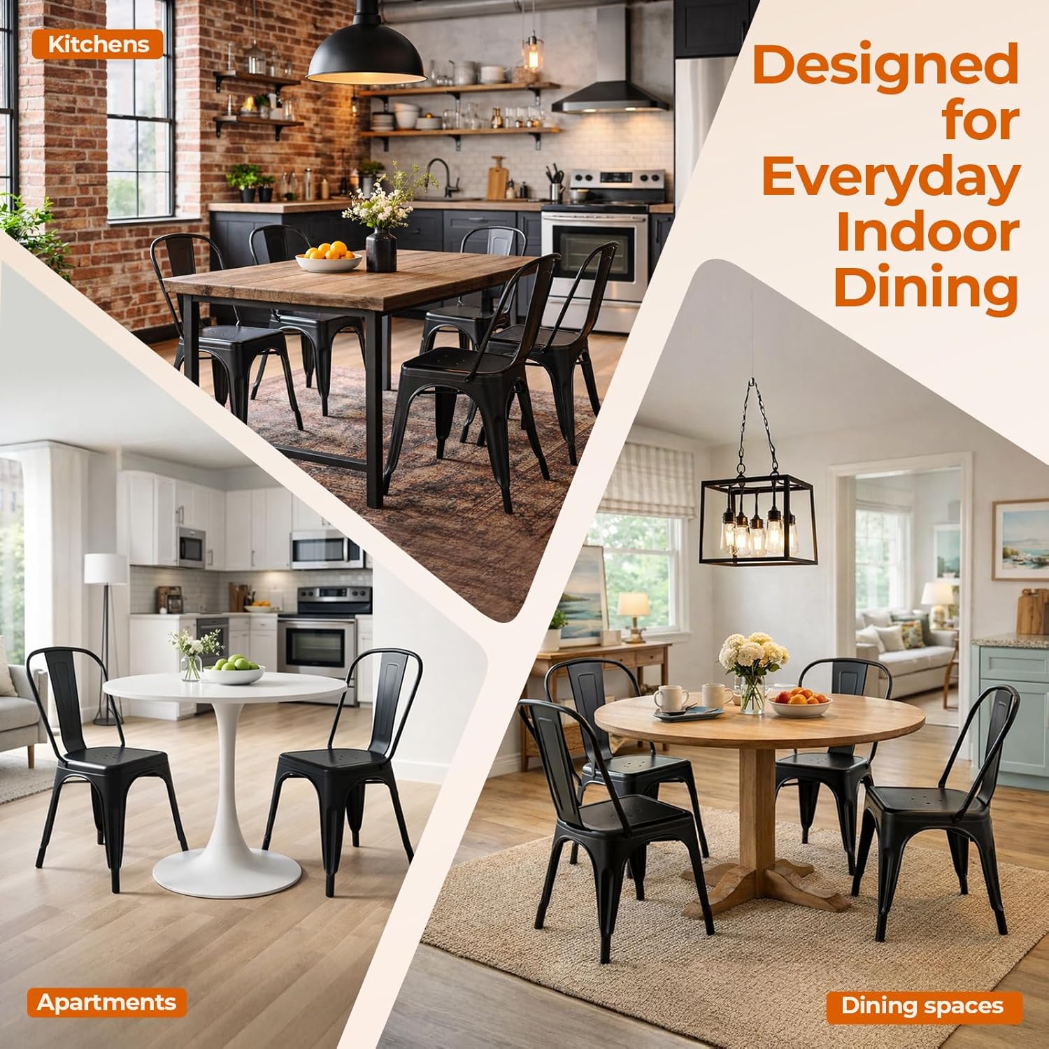 Set of 8 Midnight Black Metal Dining Chairs, Classic Tolix Style Stackable Kitchen Chairs, Durable Steel Seating for Indoor Cafe & Bistro